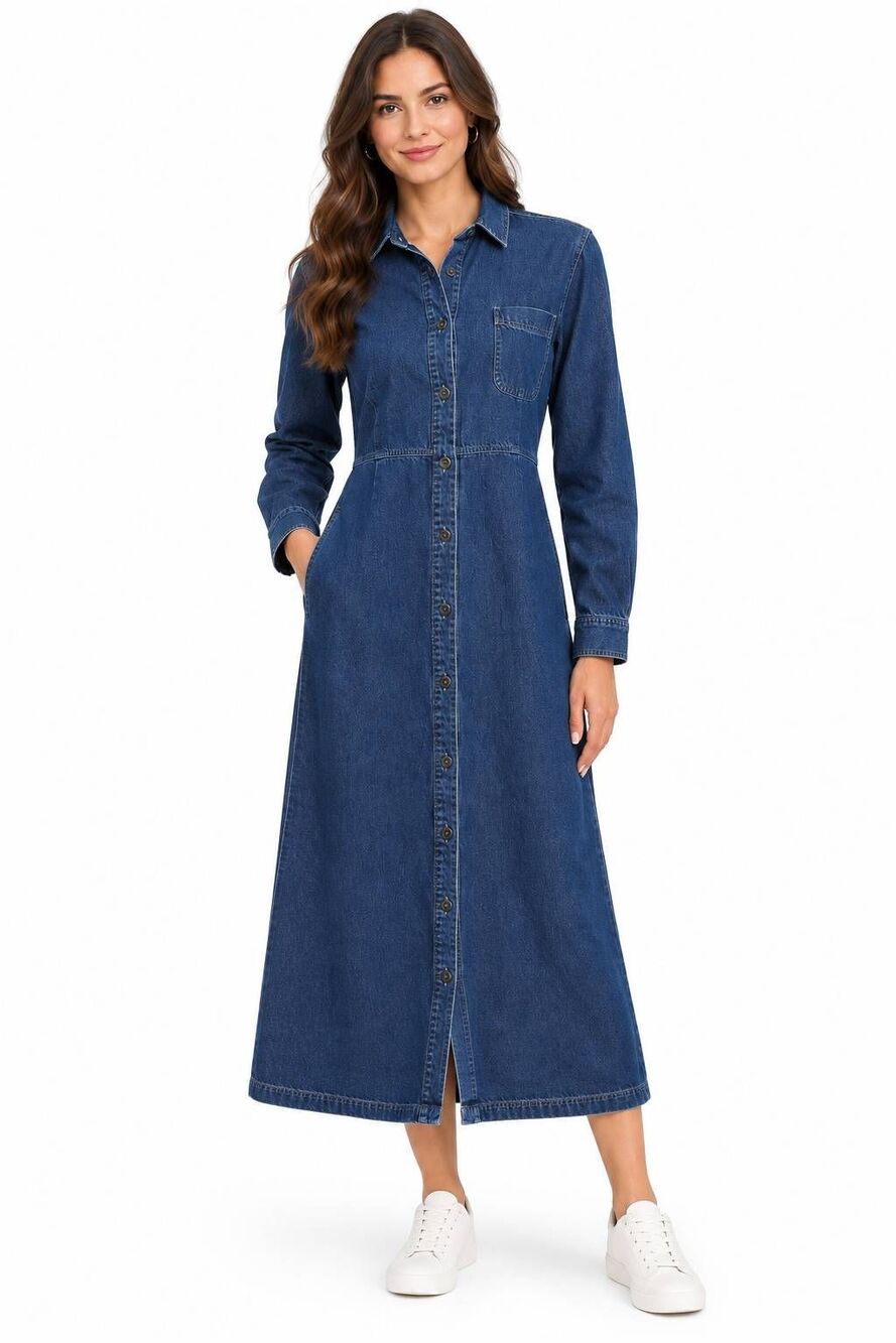 Eddie Bauer Long Sleeve Button Down Denim Midi Dress Size Medium Petite